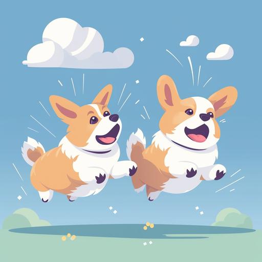 /https://s.mj.run/BYOM-dz7_oU make a poster of 2 fat cartoon corgis with short legs flying in the sky,blue background,2d,cute, high-definition picture quality_ight color, flat illustration stvle.advanced color matching,andillustration style--ar 2:3--s80 --s 250 --s 250 --q 2 --v 5