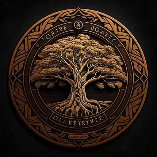 oak tree in aztec style, round logo design, 2d