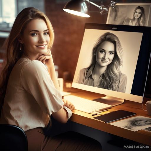 Create a high quality photograph in the style of Morsa Pictures, daylight, attractive females sitting by desks, computer, chatting, smiling, usa