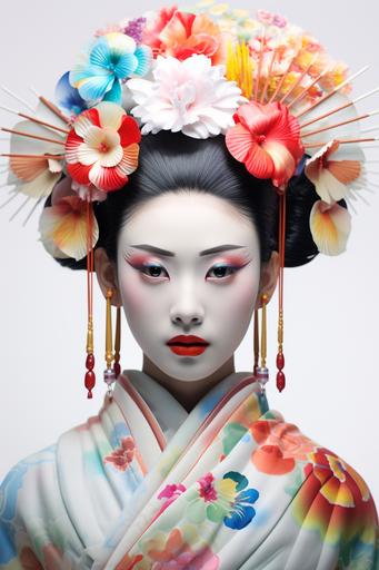object photography, a Japanese woman wearing a colorful and charming geisha costume, white background, hyper texture, super realistic photo, close-up shot --ar 2:3