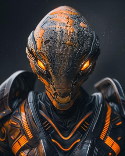 obscure looking alien being with large odd-shaped head, armour-like skin with parts glowing orange. symmetrical looking with the shape of a man. multi-toned skin on head and black and orange body suit. militant looking. front facing portrait. hyperrealistic --ar 4:5 --v 6.0