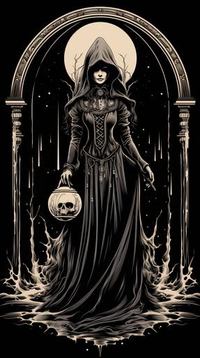 occult dark lady with a black dress, with a sand clock in the hand, wood cut style, engraved vintage, black and white design, illustration, --ar 9:16