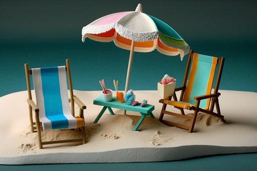 ocean beach diorama, vacation, minature, beach chairs, umbrella, photoreal --ar 3:2