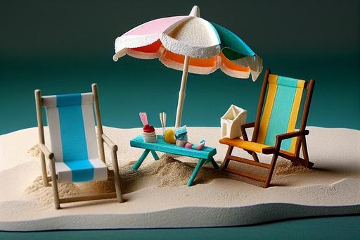 ocean beach diorama, vacation, minature, beach chairs, umbrella, photoreal --ar 3:2
