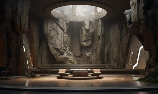 octane render, vray render, wulfenite the interior of brutalist clinics is carved in rock, caduceus logo, in the style of raphael lacoste, serge najjar, monolithic structures, soft lines and shape --ar 5:3