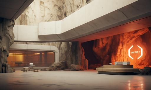 octane render, vray render, wulfenite the interior of brutalist clinics is carved in rock, caduceus logo, in the style of raphael lacoste, serge najjar, monolithic structures, soft lines and shape --ar 5:3