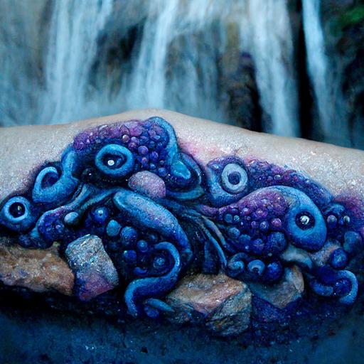 octopus, Japanese tattoo, dark blue and light blue, purple highlights, crawling down waterfall rocks