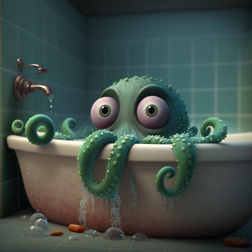 octopus monster with tentacles crawling out of bathtub, 3d, cartoon, pixar style, ultra realistic, 4k
