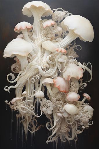 octopus tentacles, long flowing, end mushrooms, white octopus mushrooms, hanging, painting --ar 2:3 --v 5.2