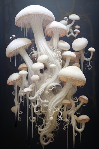 octopus tentacles, long flowing, end mushrooms, white octopus mushrooms, hanging, painting thick stems --ar 2:3 --v 5.2