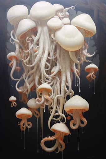 octopus tentacles, long flowing, end mushrooms, white octopus mushrooms, hanging, oil painting --ar 2:3 --v 5.2