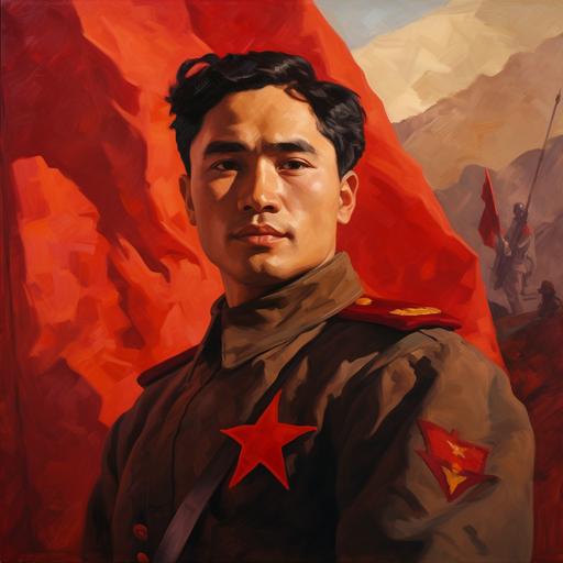 Portrait of Lieutenant Rahimzhan Koshkarbayev, a representative of Soviet Kazakhstan, holding a red flag, created in the style of Soviet posters. Pride of the nation, idealized, significant, emblematic.
