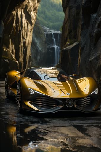 fusion of a caduceus concept sports car and Smeagol amongst the shiny yellow rocks that have reflective surfaces, --chaos 25 --ar 2:3 --stylize 250 --weird 10 --v 5.2