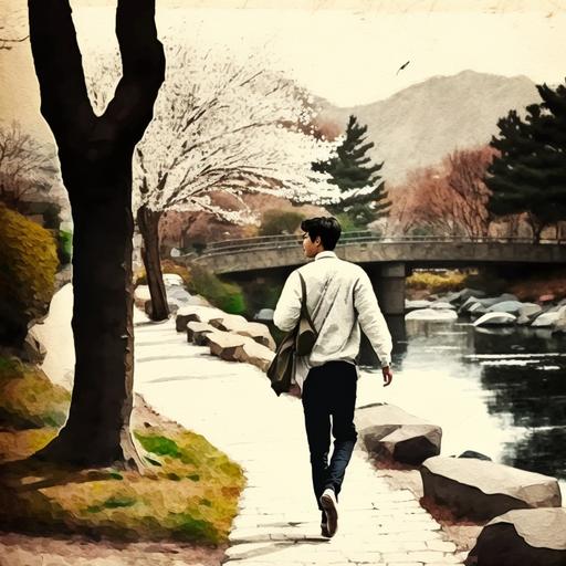 Photo of a college student man walking along Musimcheon Stream in Cheongju, South Korea, wearing a white tee, beige cardigan, black slacks, and white shoes. The overall picture has a bright feeling, the season that spring is coming. I am 173cm tall