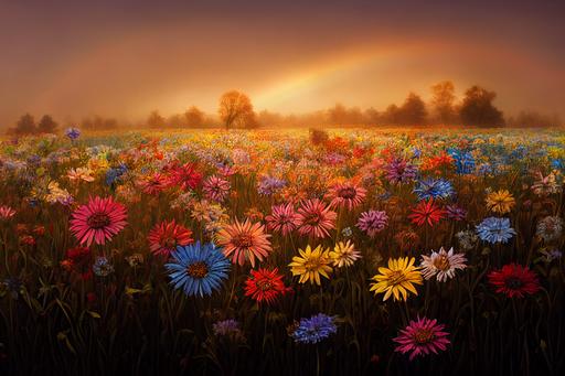 field of magical rainbow breakfast cereal flowers, vibrant, sparkling, shimmering, delicate, extremely intricate, hyperdetailed, hyperrealistic, scenic, early morning, sunrise, mist, god rays, dynamic composition, award-winning photograph --ar 3:2 --test --creative