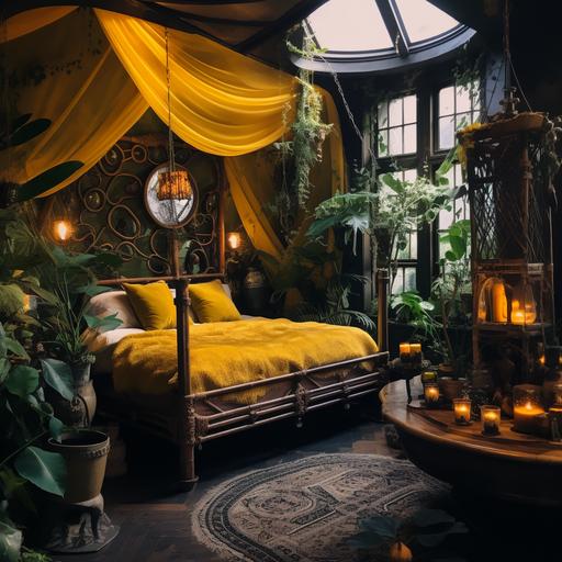 luxury studio apartment filled with magical and exotic plants, has a swinging bed, fireplace, a table full of potions, yellow and black curtains and a large clawfoot tub