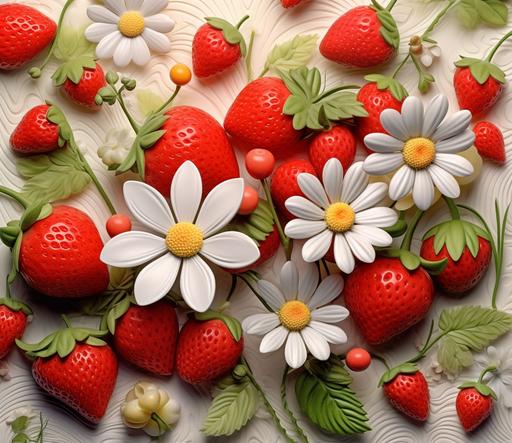 off white background, 3d wildflowers, strawberry blossoms and 3d strawberries, multidimensional shading, 8k, vibrant --ar 37:32 --v 5.1