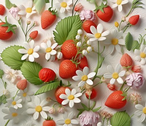 off white background, 3d wildflowers, strawberry blossoms and 3d strawberries, multidimensional shading, 8k, vibrant --ar 37:32 --v 5.1