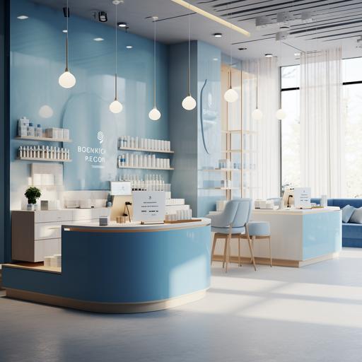 office of innice cosmetic company in blue tone, display, pharmacy, logo innice