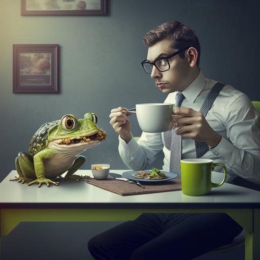 office worker eating a frog from his plate while sitting at the desk. The frog is looking at him. He uses a fork