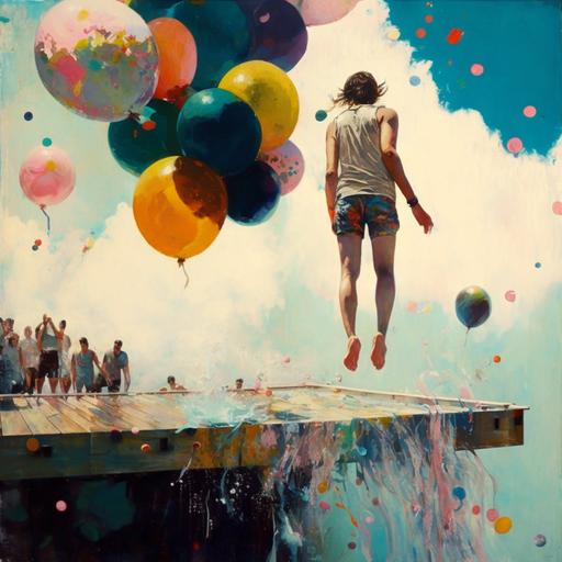 oil paint texture The image shows a person standing at the edge of a diving board, looking down at the water below with a nervous expression on their face. Behind them, there are other people cheering and encouraging them to take the plunge. The sun is shining brightly in the sky, and there are colorful balloons and streamers in the background, creating a festive atmosphere. The overall message of the image is about overcoming fear and taking risks to unlock your potential and live your best life, with the support and encouragement of those around you.