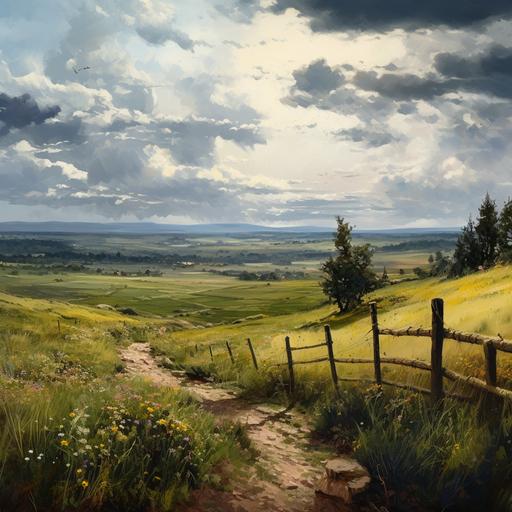 oil paintig style, Medieval Central Europe, wild flat plains landscape, sunny day, gloomy atmosphere, flower meadows, a lot of vegetation, high grass, rocky path, sparse wooden fences--ar 1:1