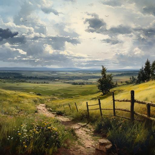 oil paintig style, Medieval Central Europe, wild flat plains landscape, sunny day, gloomy atmosphere, flower meadows, a lot of vegetation, high grass, rocky path, sparse wooden fences--ar 1:1
