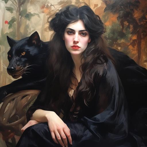 oil painting:: a beautiful suburban woman in her early 30s is wearing a black dress, she has luxurious brunette hair and is transforming into a demon with large bat-like wings:: painted by sargent --v 5 --s 300