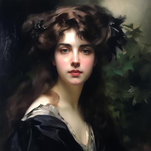 oil painting:: a beautiful suburban woman in her early 30s is wearing a black dress, she has luxurious brunette hair, she has large bat-like wings:: painted by sargent --v 5 --s 300