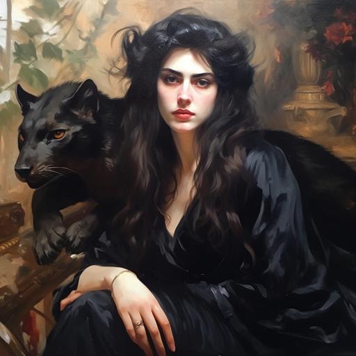 oil painting:: a beautiful suburban woman in her early 30s is wearing a black dress, she has luxurious brunette hair and is transforming into a demon with large bat-like wings:: painted by sargent --v 5 --s 300