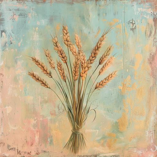oil painting bundle of wheat, minimalist vintage drawing style,soft faded greens pinks teal, muted vintage colors, minimalistic art poster, nineteenth century middle america landscapey, conveys honor have the wheat placed to be award winning art painting