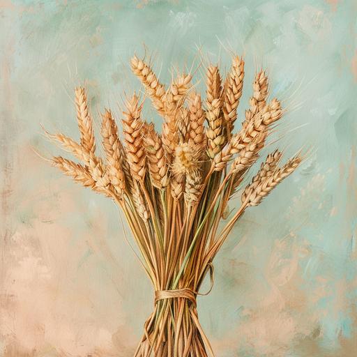 oil painting bundle of wheat, minimalist vintage drawing style,soft faded greens pinks teal, muted vintage colors, minimalistic art poster, nineteenth century middle america landscapey
