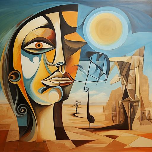 oil painting cubism picasso style the desert with a huge woman face statue in the sand cubism style