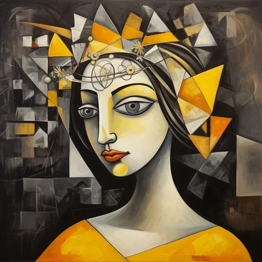oil painting cubism picasso style with a woman wearing a reinassance yellow gown dress and a crown of thorns
