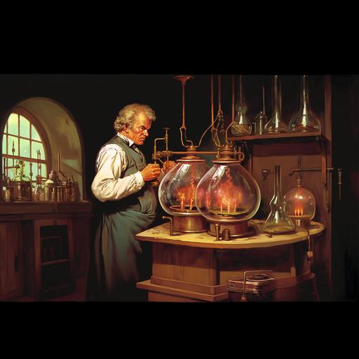 oil painting; depct the moment when 19th century scientist Carl Wilhelm Scheele discovered oxygen. Picture a sophisticated tableau set within a Victorian laboratory, rich with period detail. Plethora of authentic scientific apparatus--glass bell jars, burners, and brass instruments. The exact moment oxygen is isolated is dramatized by a subtle, yet radiant glow emanating from the experiment, casting ethereal light across the scene
