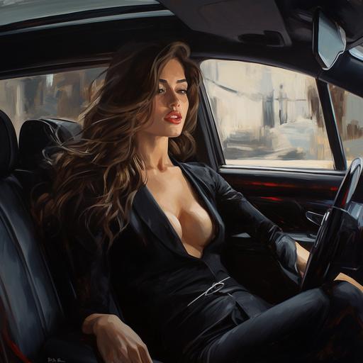 oil painting, detailed, bright rich colors, the girl in the picture can be seen looking out of the window of a black Mercedes looking out the window behind the relay on the driver's side, brunette girl with long luscious lips, with a neckline, correct facial expression, modern style, black Mercedes new 2022 a modern Maybach is visible in the picture in front of the hood, cartoon style in an adult version, visible in front of the car, the girl has very large lips and a voluminous neckline, the correct structure of the car is four-seater