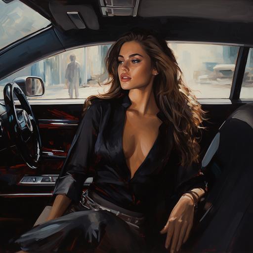 oil painting, detailed, bright rich colors, the girl in the picture can be seen looking out of the window of a black Mercedes looking out the window behind the relay on the driver's side, brunette girl with long luscious lips, with a neckline, correct facial expression, modern style, black Mercedes new 2022 a modern Maybach is visible in the picture in front of the hood, cartoon style in an adult version, visible in front of the car, the girl has very large lips and a voluminous neckline, the correct structure of the car is four-seater