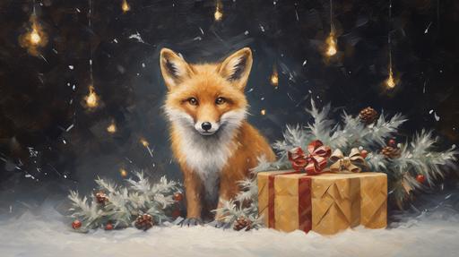 oil painting, fox at christmas --ar 16:9