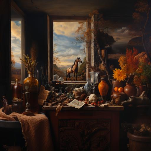 oil painting in the style of Pieter Bruegel landscape with running horses still life oil painting with objects of different textures on a table near an open window with a landscape in fantasy style