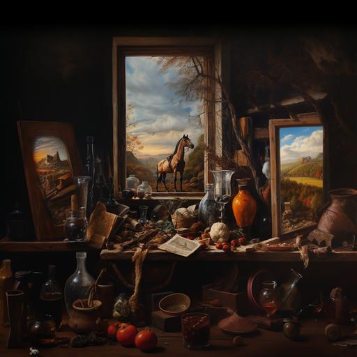 oil painting in the style of Pieter Bruegel landscape with running horses still life oil painting with objects of different textures on a table near an open window with a landscape in fantasy style
