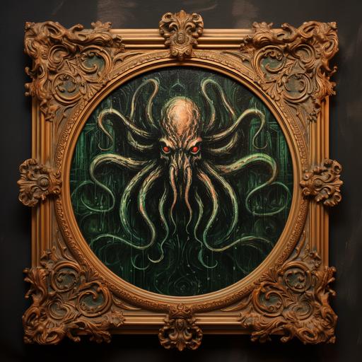 oil painting of a cthulu monster, gothic wooden frame, --v 5.2