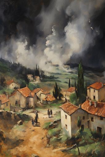 oil painting of a storm hitting a village in ancient times. Use paul cezanne style of painting. --ar 2:3