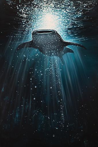 oil painting of a whale shark looking down from the ocean surface, the background behind the whale shark is almost black below and sparkling almost white above, the sun rays are seen through the water and it is very bright above the whale shark, the whale shark is illuminated by the ripples of the ocean, there are ripples and bubble above --ar 2:3