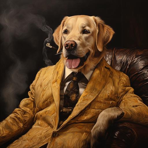 oil painting of a young and happy yellow lab wearing a fancy fur coat and posing for a photo, smoking a cigar