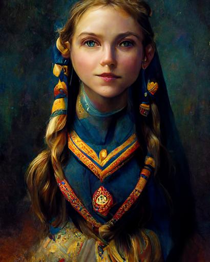 oil painting of majestic full body of seated princess Zelda from the legend of zelda pretty face blue eyes braid on one side, poiny ears, trending on artstation cinematic lighting complementary color --seed 10 --stylize 4000 --quality 1.5 --ar 3:4