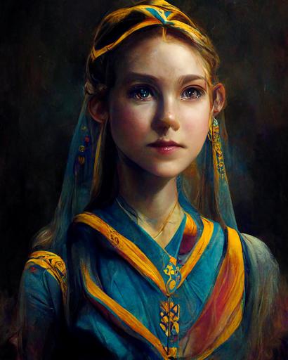 oil painting of majestic full body of seated princess Zelda from the legend of zelda pretty face blue eyes braid on one side, poiny ears, trending on artstation cinematic lighting complementary color --seed 10 --stylize 4000 --quality 1.5 --ar 3:4