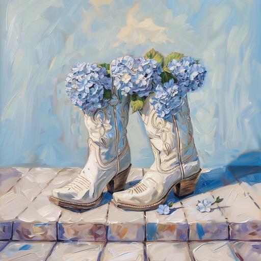 oil painting of white vintage cowgirl boots with pale blue hydrangia flowers sticking out of them. boho white and blue