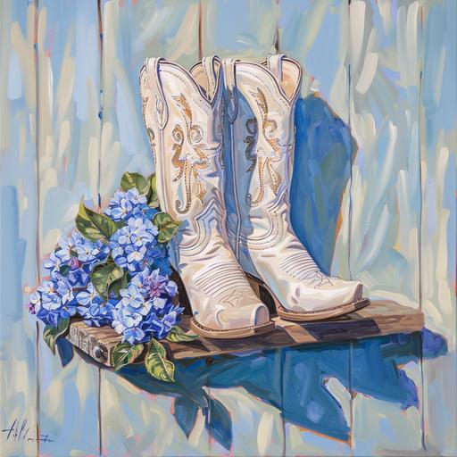 oil painting of white vintage cowgirl boots with pale blue hydrangia flowers sticking out of them. boho white and blue