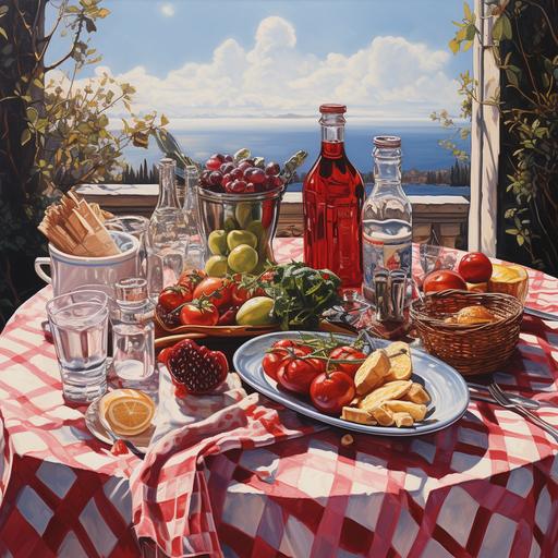 oil painting on canvas of a scenario, a table set with a red and white checkered tablecloth, full of things to eat, in a Sicilian baglio