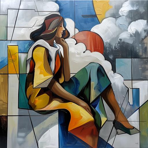 oil painting picasso cubism woman sitting on a cloud cubism